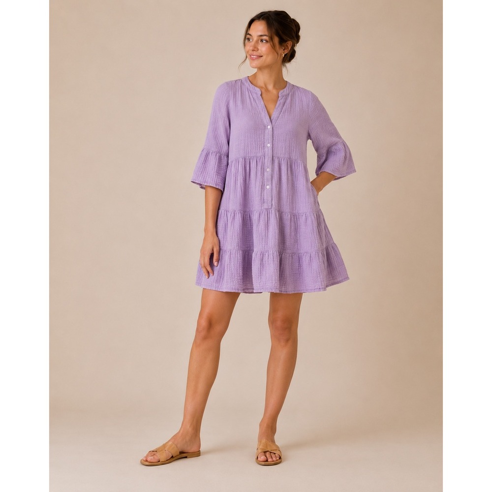 Faherty Isha Tiered Double Gauze Dress Lavender Purple XS Mini Henley Boho